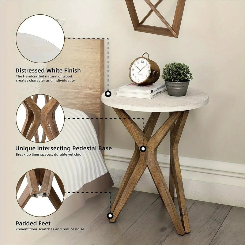 Pedestal Farmhouse End Table Set of 2, White Round End Table, Distressed White Top with Tripod Base for Modern Farmhouse, Boho Decor, Round by House Of Avana
