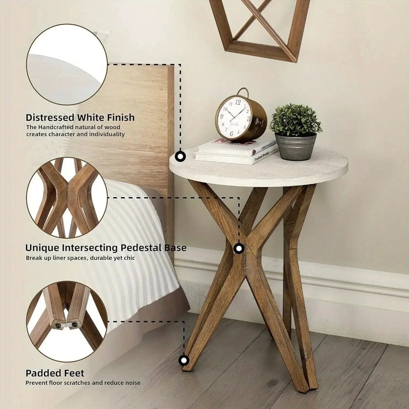 Pedestal Farmhouse End Table Set of 2, White Round End Table, Distressed White Top with Tripod Base for Modern Farmhouse, Boho Decor, Round by House Of Avana