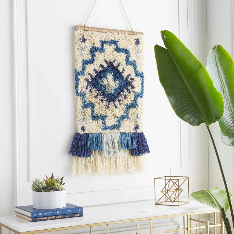 Philomont Ivory and Blue Geometric Wall Hanging - Clearance by Boutique Rugs