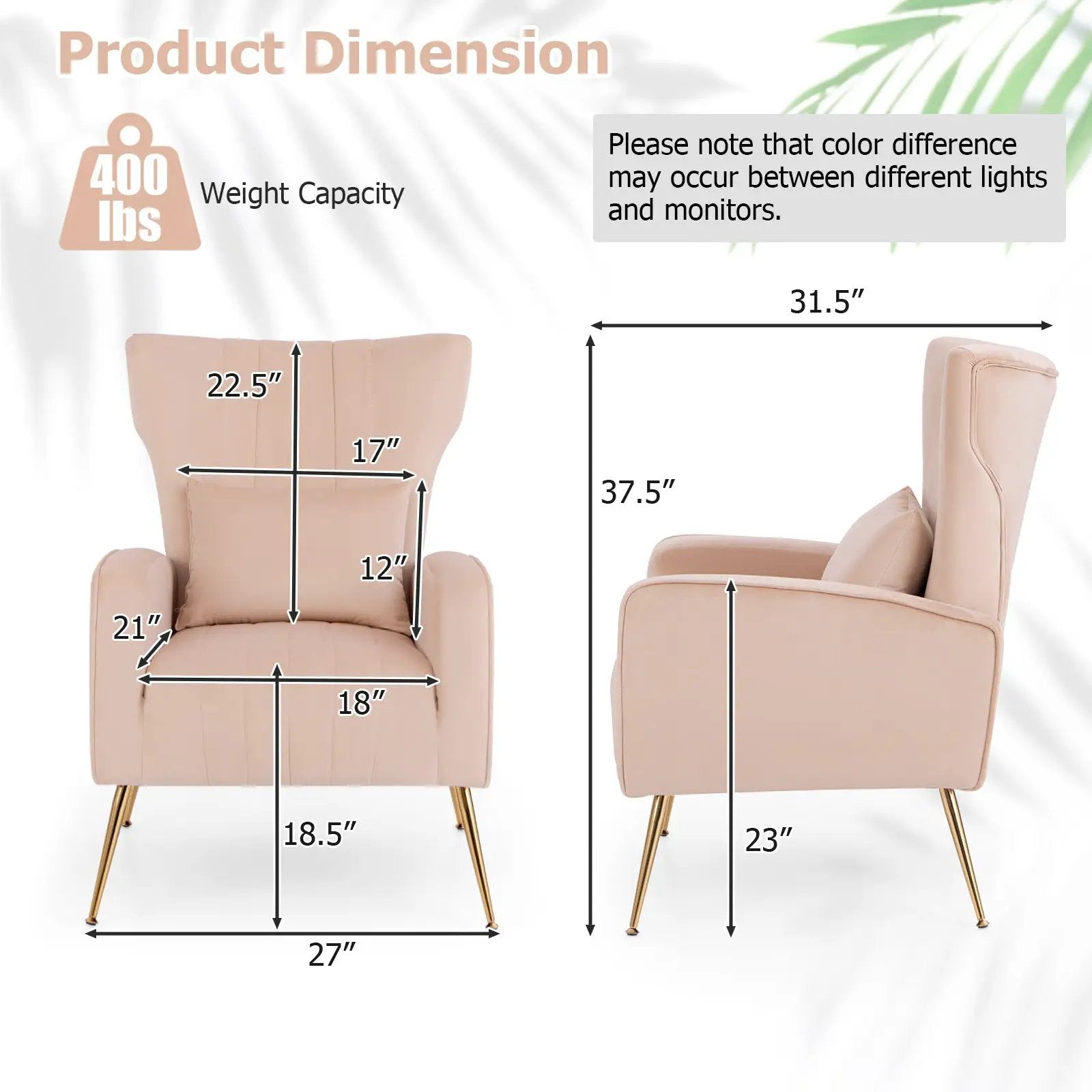 Velvet Upholstered Wingback Chair with Lumbar Pillow and Golden Metal Legs by DirectDeals