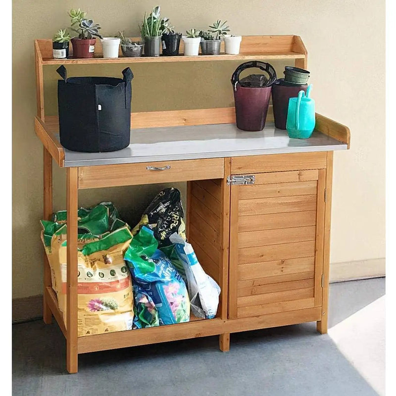 Natural Fir Wood Potting Bench with Galvanized Steel Table Top by HomePacific