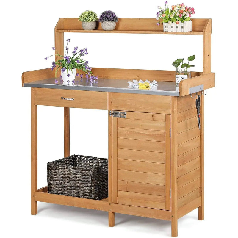 Natural Fir Wood Potting Bench with Galvanized Steel Table Top by HomePacific