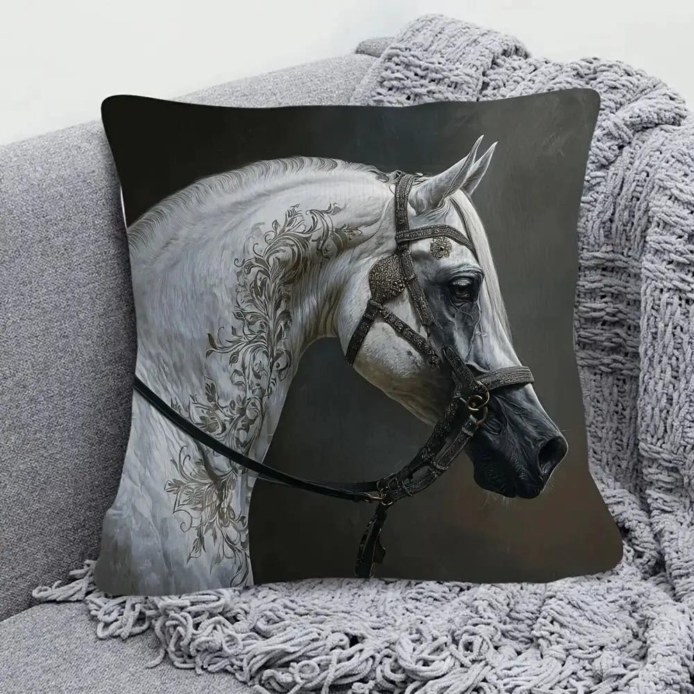 Pillow Cover - Arabian Horse Print Cotton 18x18in by House Of Avana