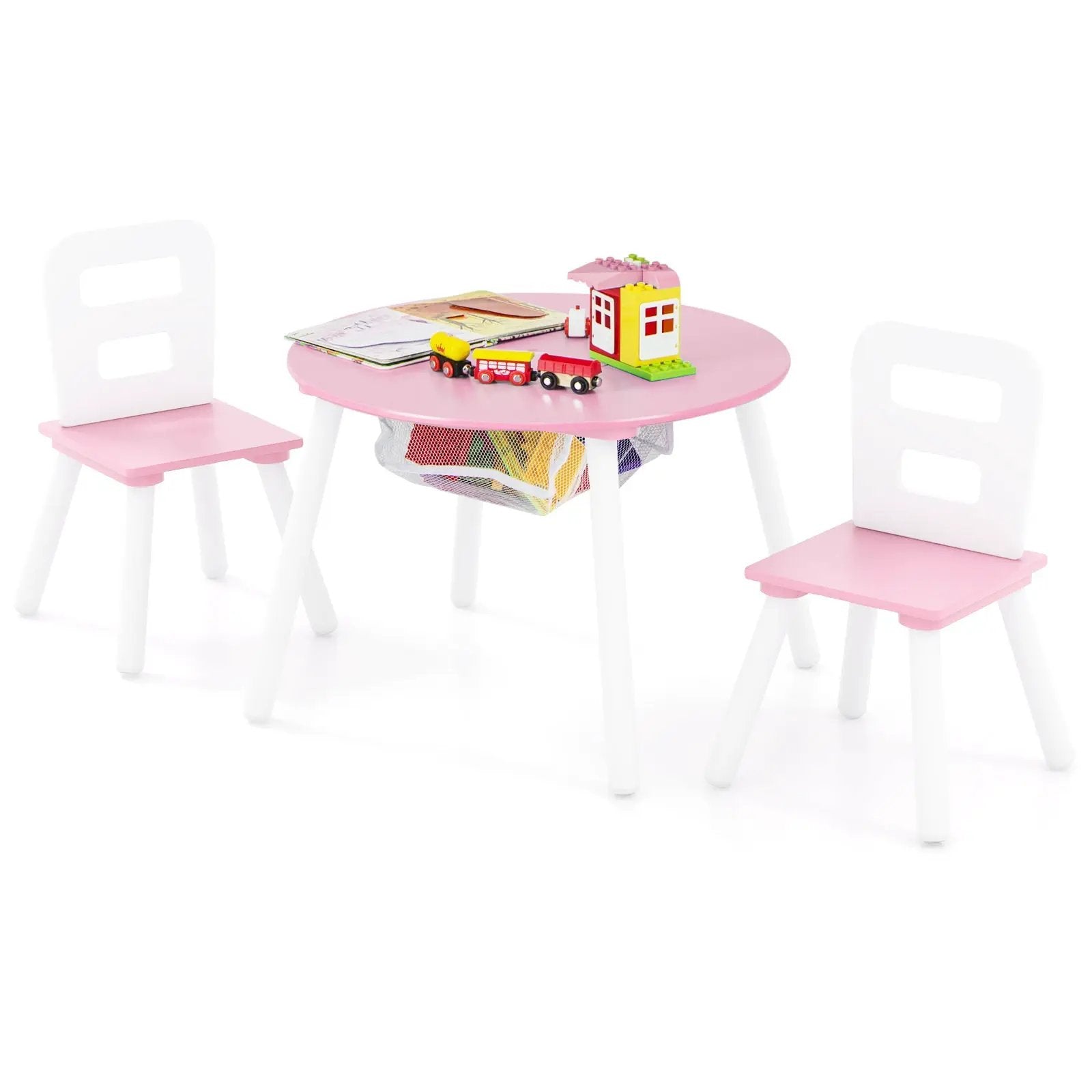 Wood Activity Kids Table and Chair Set with Center Mesh Storage for Snack Time and Homework-Pink by DirectDeals