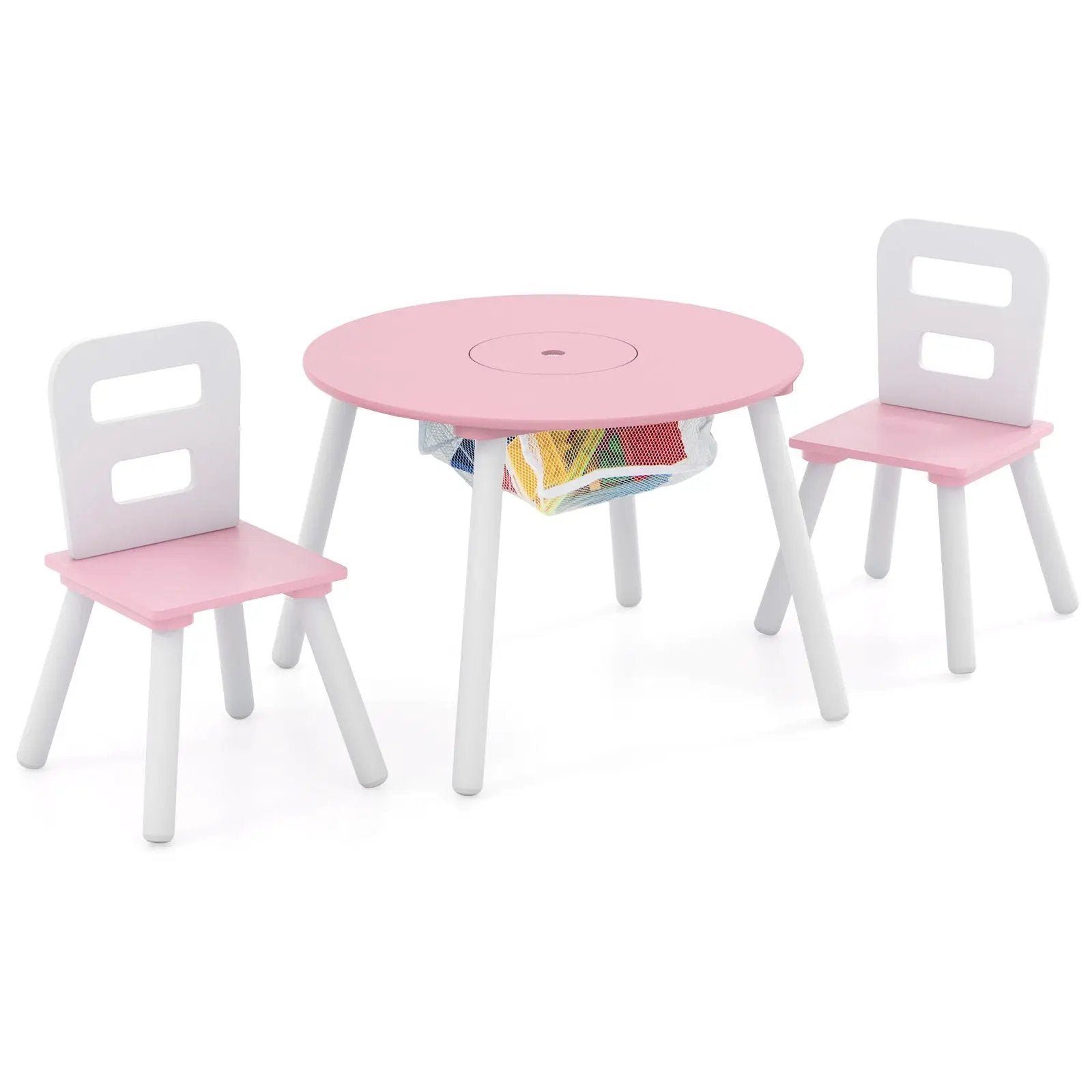Wood Activity Kids Table and Chair Set with Center Mesh Storage for Snack Time and Homework-Pink by DirectDeals