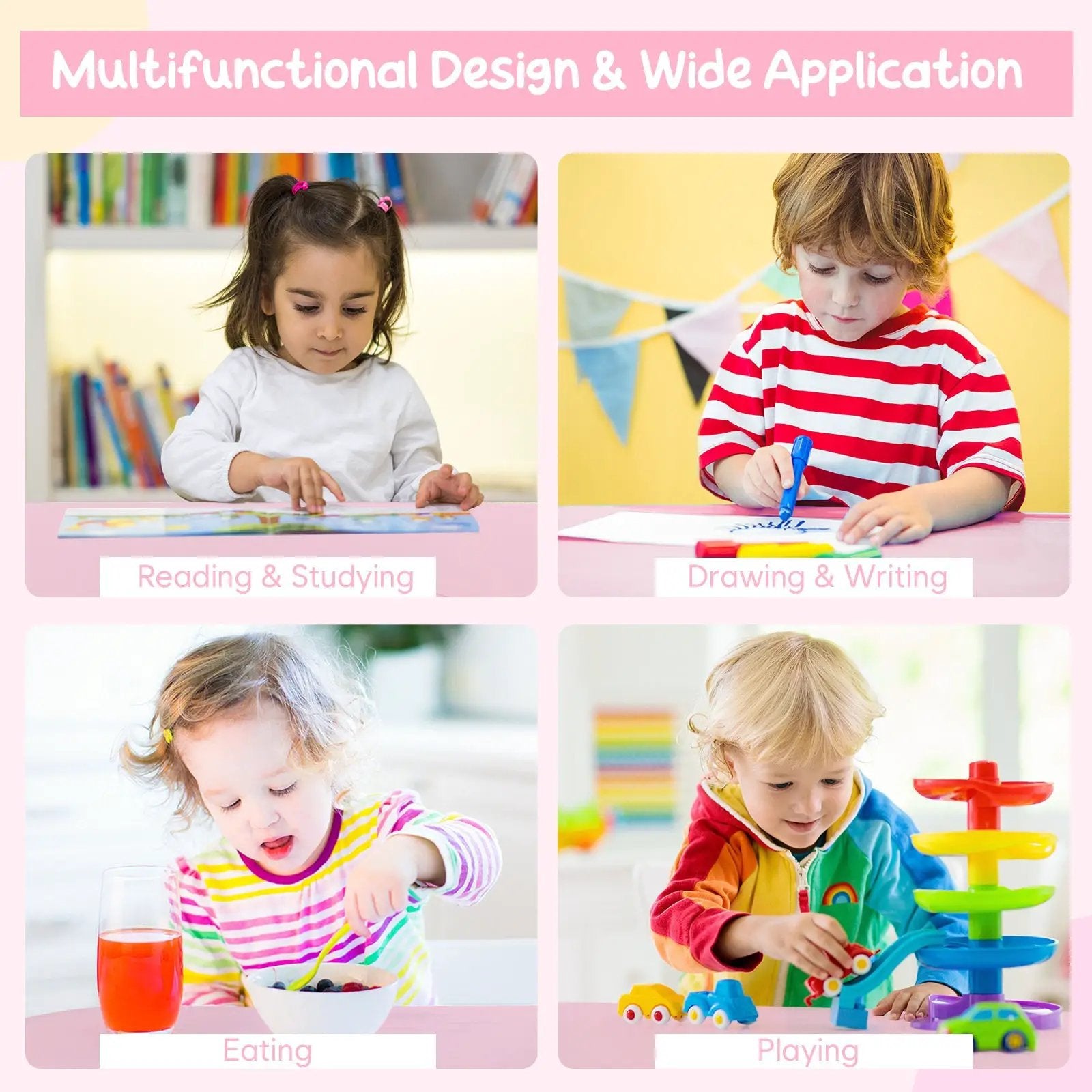 Wood Activity Kids Table and Chair Set with Center Mesh Storage for Snack Time and Homework-Pink by DirectDeals