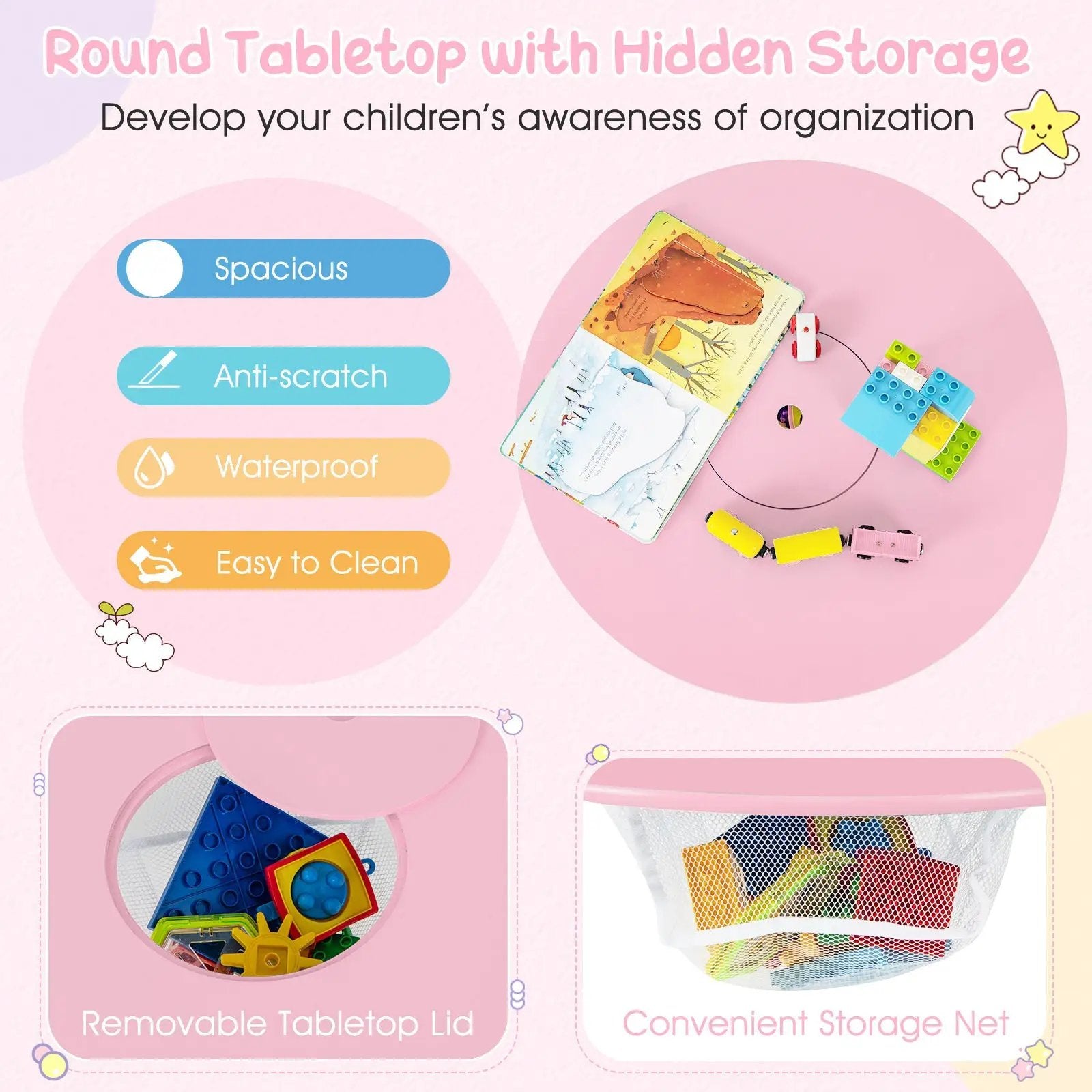 Wood Activity Kids Table and Chair Set with Center Mesh Storage for Snack Time and Homework-Pink by DirectDeals