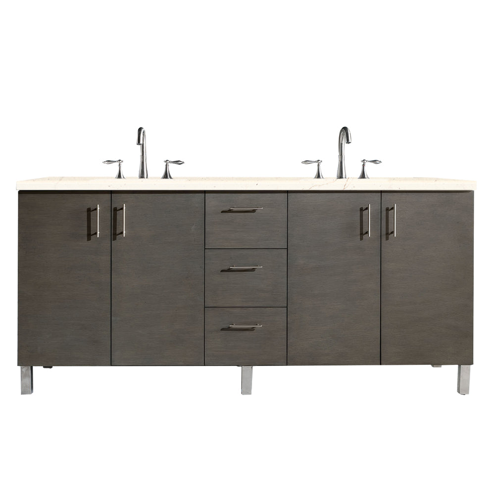 James Martin Metropolitan 72" Dual Mount Double Bathroom Vanity, Silver Oak with Eternal Marfil countertop