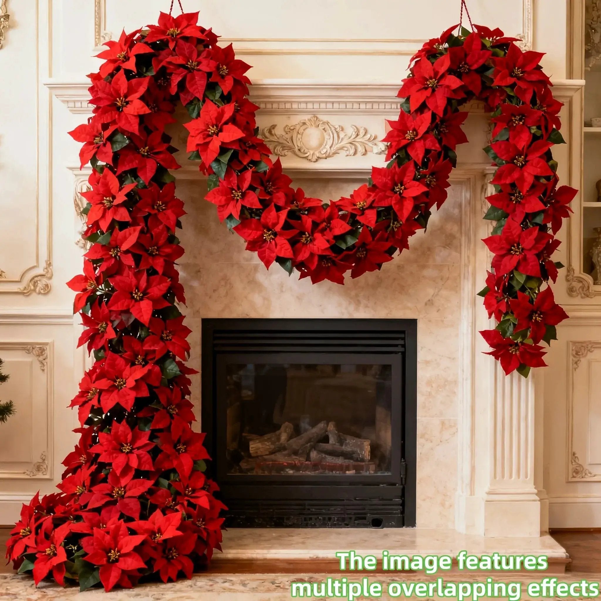 Plastic Artificial Poinsettia Wreath Large with Red Flowers and Green Leaves by House Of Avana