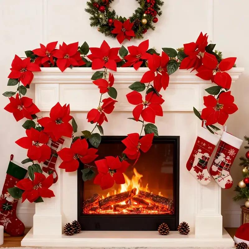Plastic Artificial Poinsettia Wreath Large with Red Flowers and Green Leaves by House Of Avana