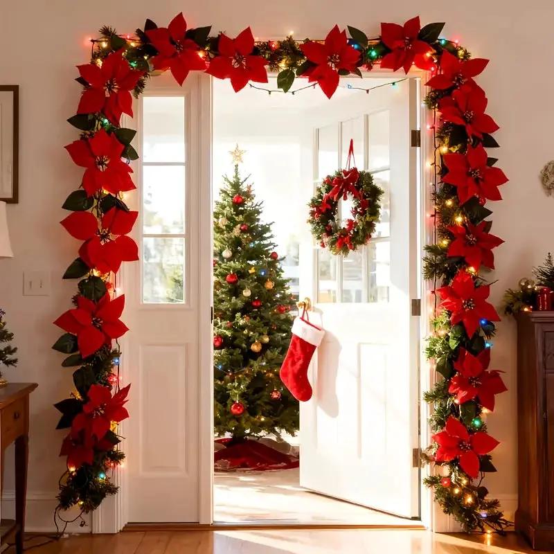 Plastic Artificial Poinsettia Wreath Large with Red Flowers and Green Leaves by House Of Avana