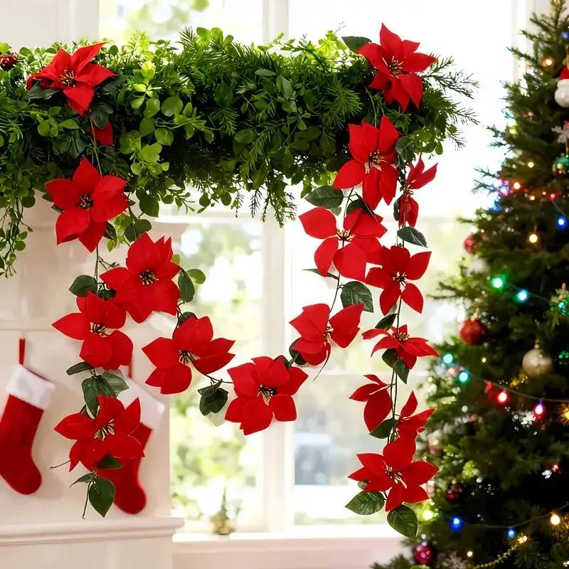 Plastic Artificial Poinsettia Wreath Large with Red Flowers and Green Leaves by House Of Avana