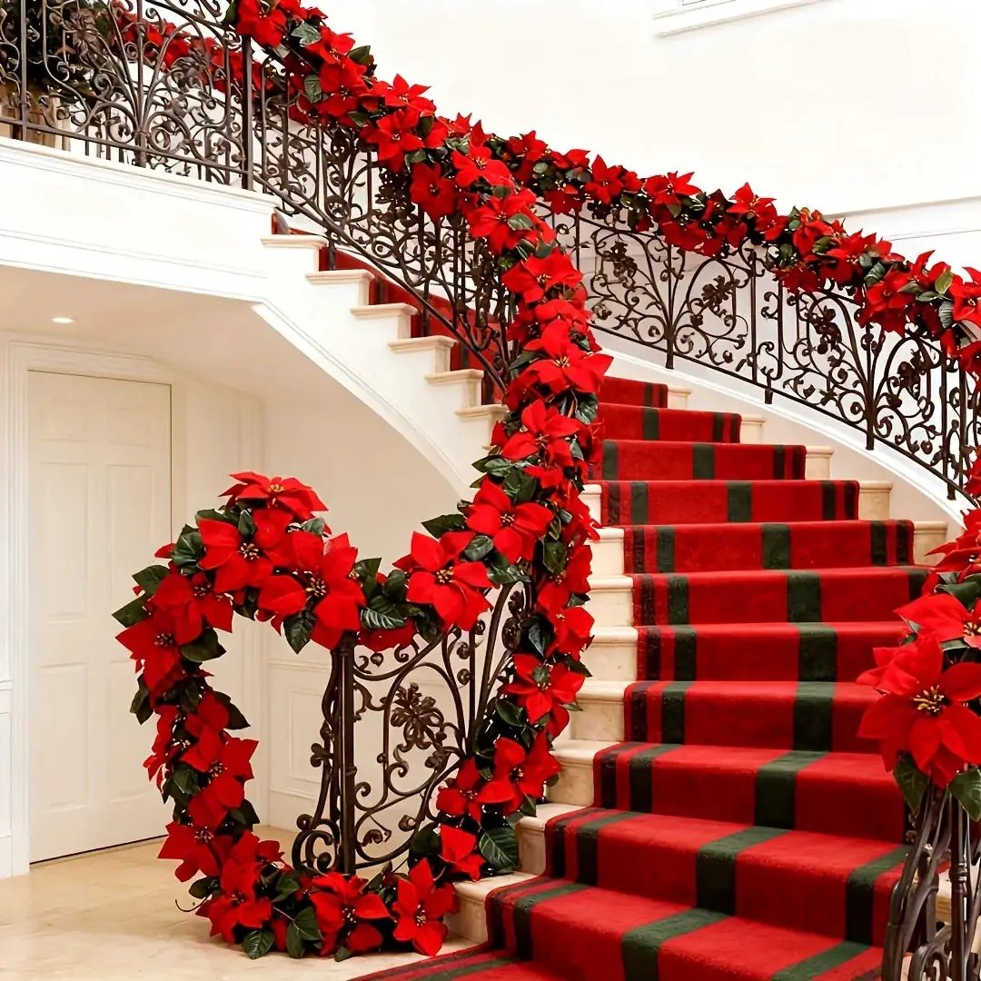 Plastic Artificial Poinsettia Wreath Large with Red Flowers and Green Leaves by House Of Avana