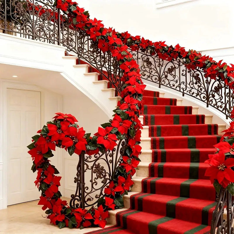 Plastic Artificial Poinsettia Wreath Large with Red Flowers and Green Leaves by House Of Avana