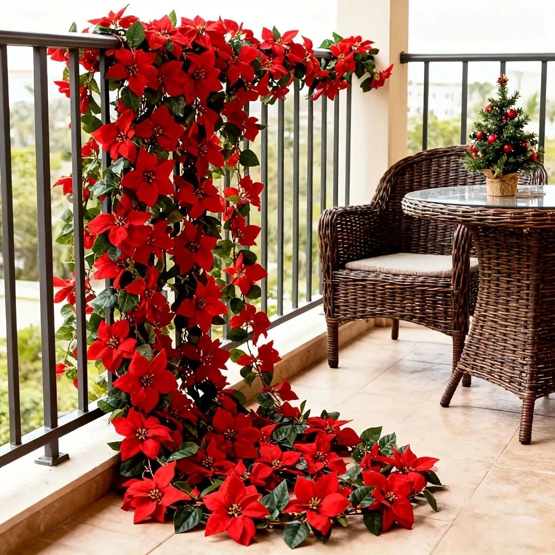 Plastic Artificial Poinsettia Wreath Large with Red Flowers and Green Leaves by House Of Avana