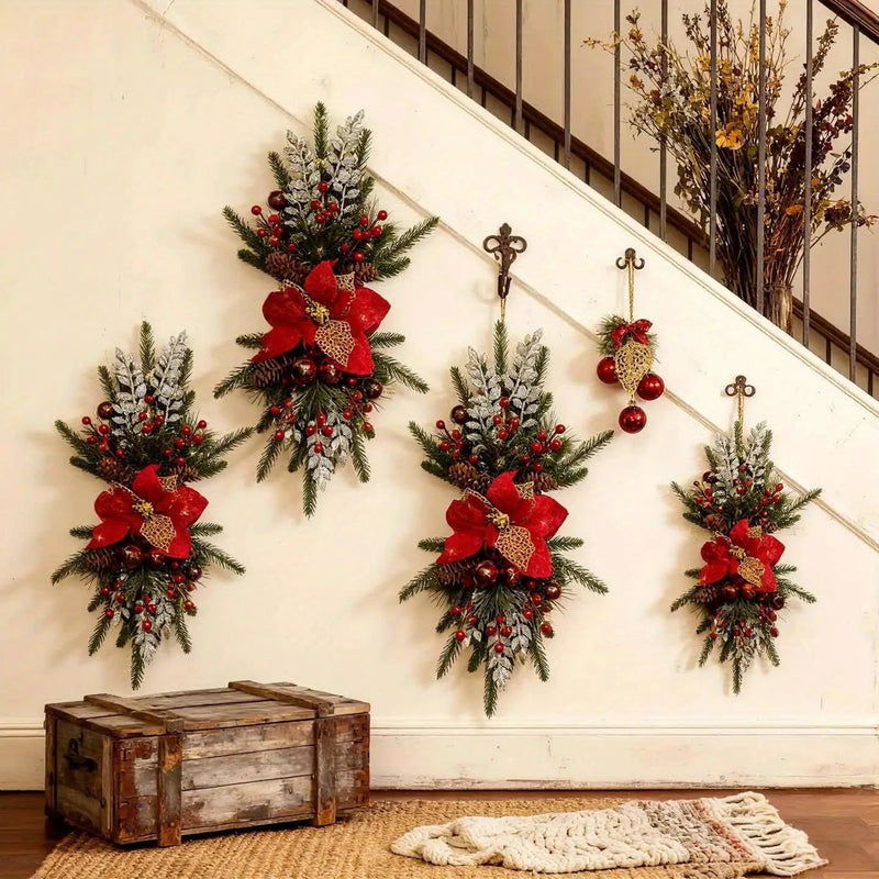 Plastic Christmas Garland 24-Inch Red with Poinsettias & Pine Cones by House Of Avana