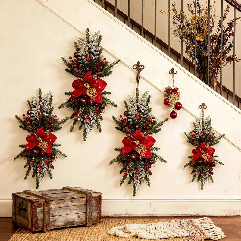 Plastic Christmas Garland 24-Inch Red with Poinsettias & Pine Cones by House Of Avana