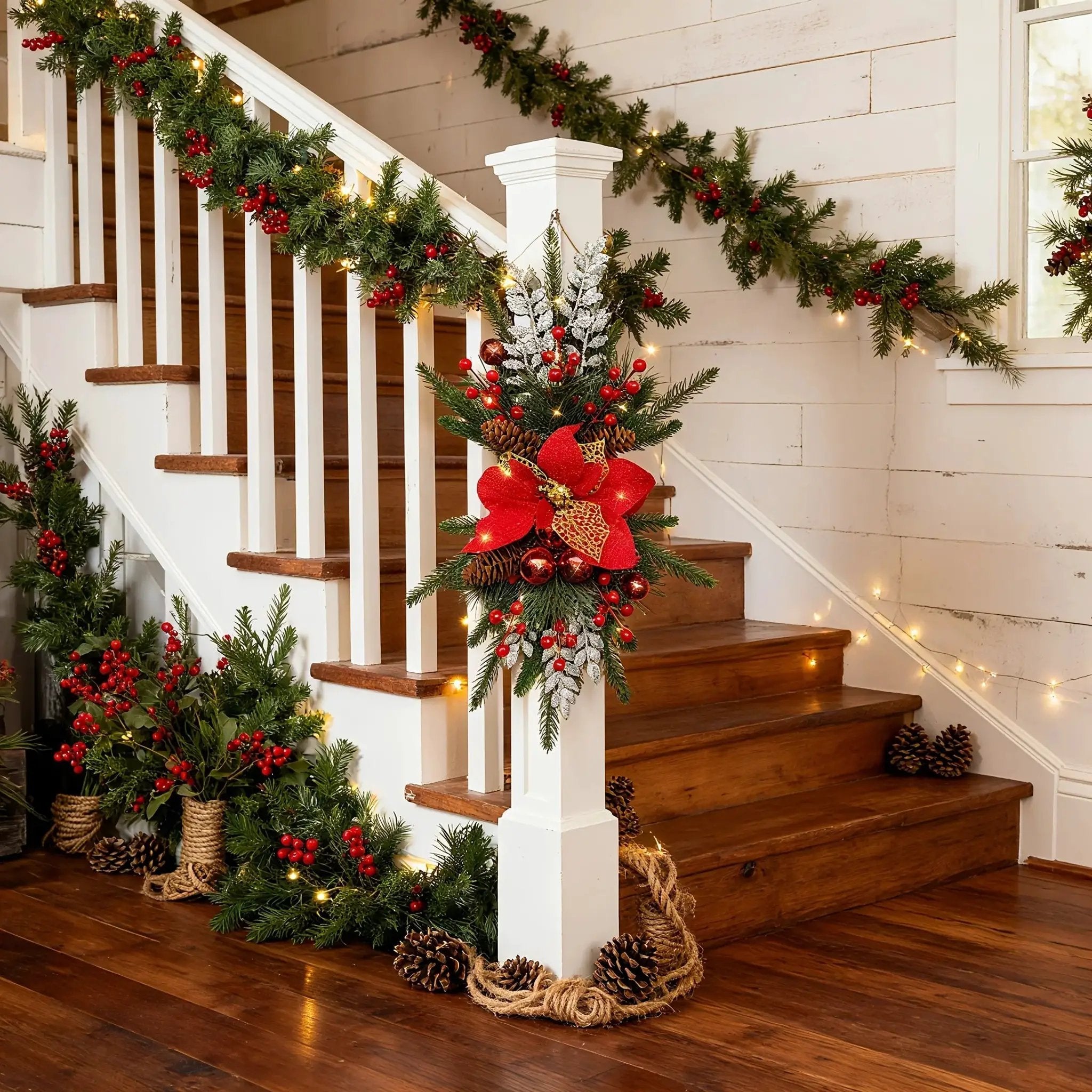 Plastic Christmas Garland 24-Inch Red with Poinsettias & Pine Cones by House Of Avana