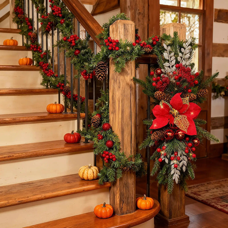 Plastic Christmas Garland 24-Inch Red with Poinsettias & Pine Cones by House Of Avana