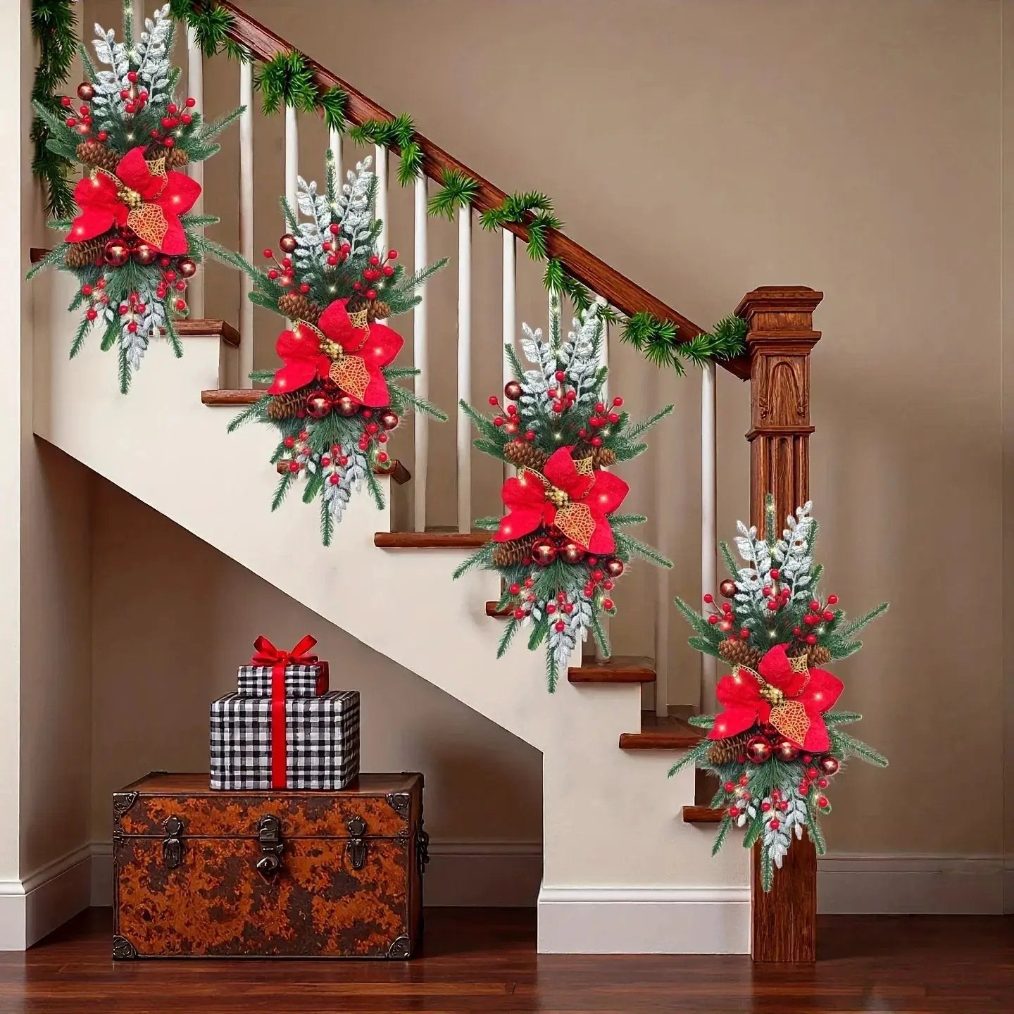 Plastic Christmas Garland 24-Inch Red with Poinsettias & Pine Cones by House Of Avana