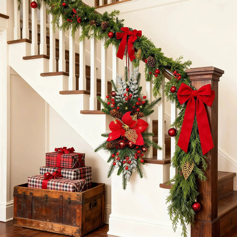 Plastic Christmas Garland 24-Inch Red with Poinsettias & Pine Cones by House Of Avana