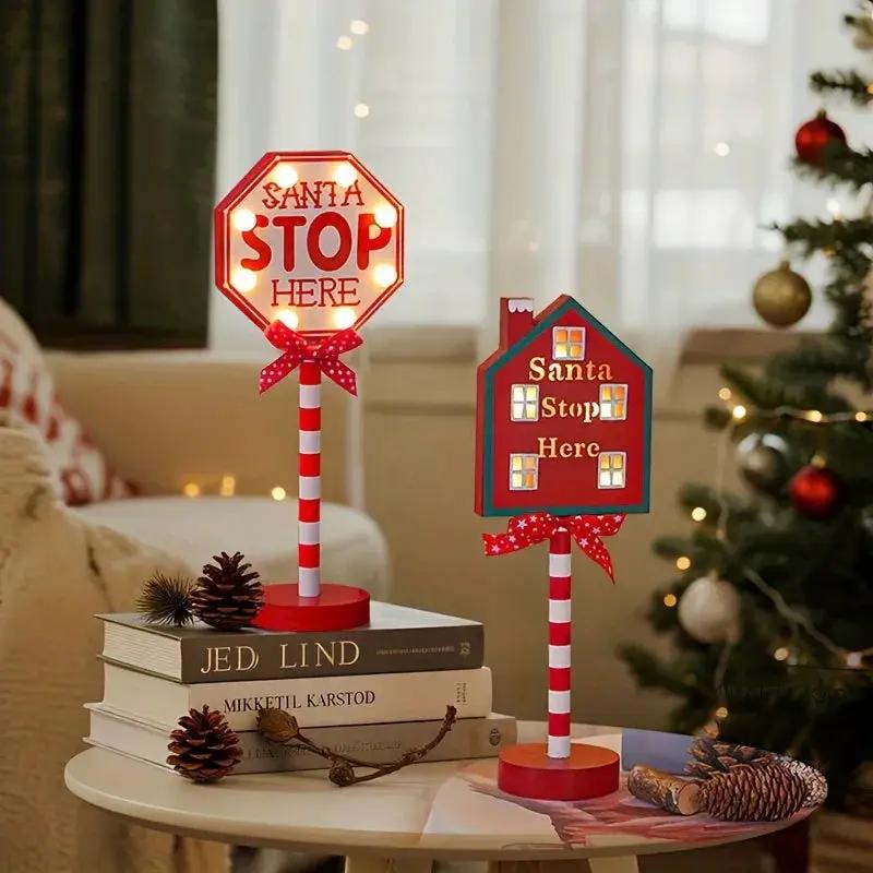 Plastic Christmas LED Sign with Santa Claus & "SANTA STOP HERE" Text by House Of Avana