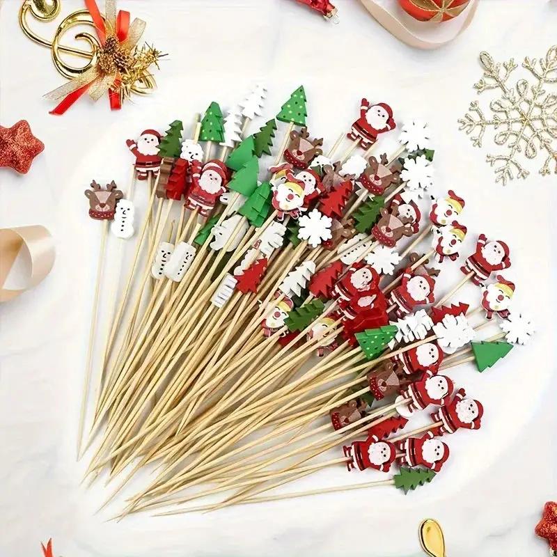 Plastic Christmas Roostertail Picks Set of 30 with Snowflakes and Reindeer Designs by House Of Avana