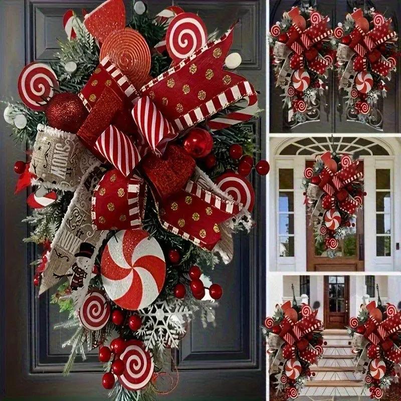 Plastic Christmas Wreath - Red & Candy Cane Design with Golden Bows by House Of Avana