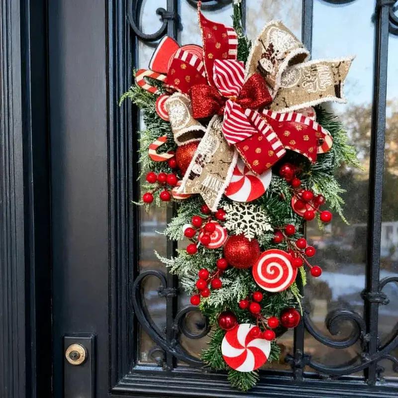 Plastic Christmas Wreath - Red & Candy Cane Design with Golden Bows by House Of Avana