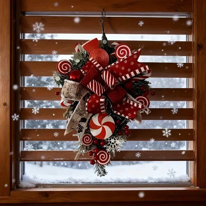 Plastic Christmas Wreath - Red & Candy Cane Design with Golden Bows by House Of Avana