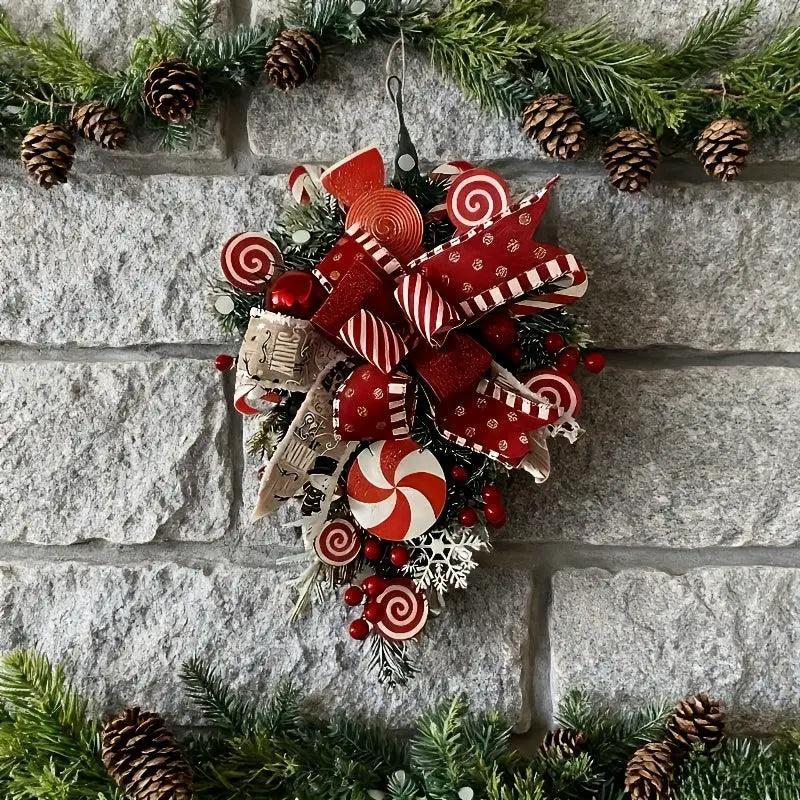 Plastic Christmas Wreath - Red & Candy Cane Design with Golden Bows by House Of Avana