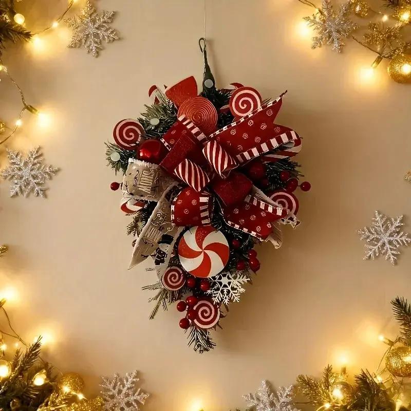 Plastic Christmas Wreath - Red & Candy Cane Design with Golden Bows by House Of Avana