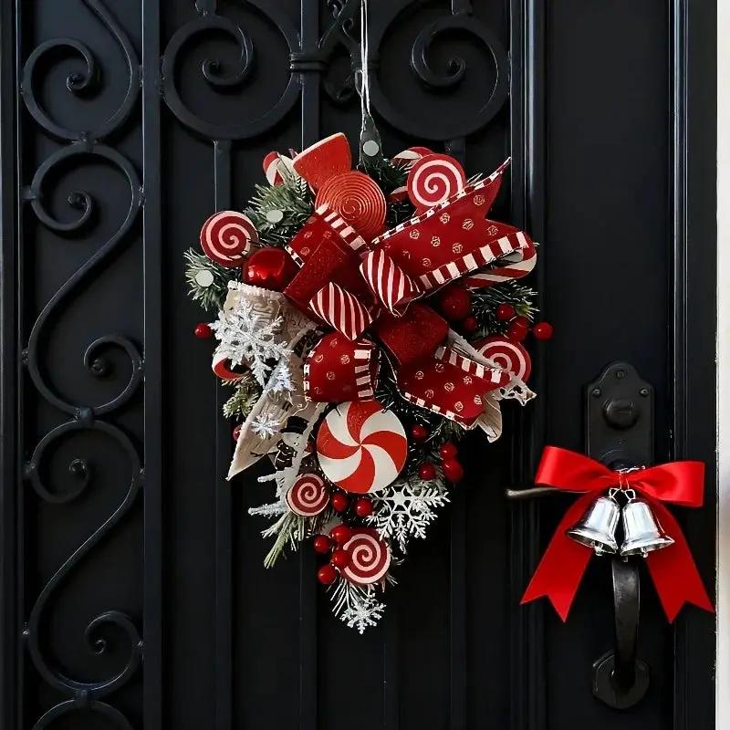 Plastic Christmas Wreath - Red & Candy Cane Design with Golden Bows by House Of Avana