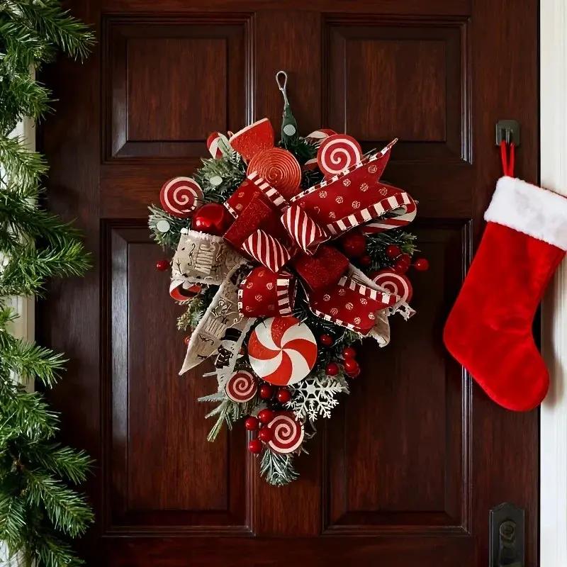 Plastic Christmas Wreath - Red & Candy Cane Design with Golden Bows by House Of Avana