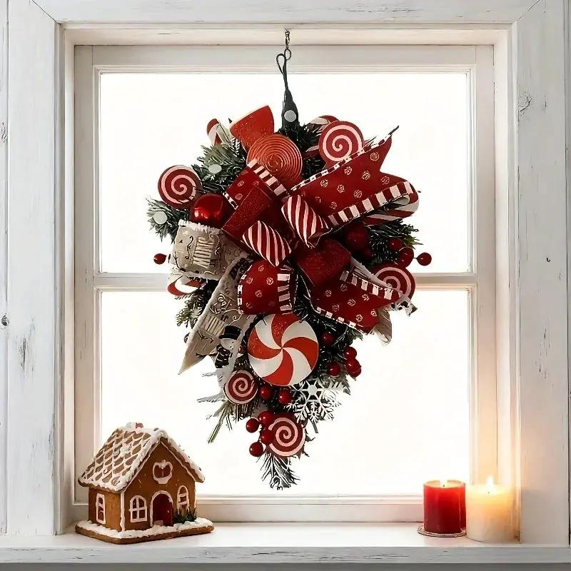Plastic Christmas Wreath - Red & Candy Cane Design with Golden Bows by House Of Avana