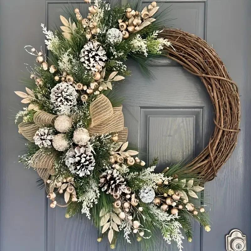 Plastic Christmas Wreath with Golden Accents and Pine Cones by House Of Avana