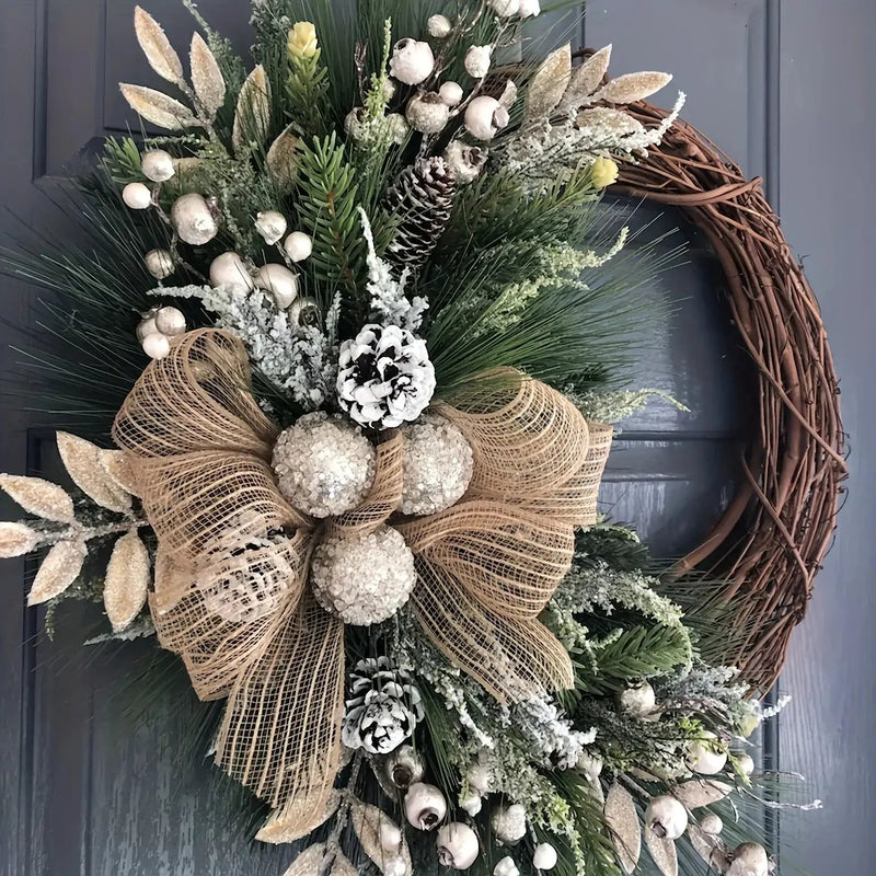 Plastic Christmas Wreath with Golden Accents and Pine Cones by House Of Avana
