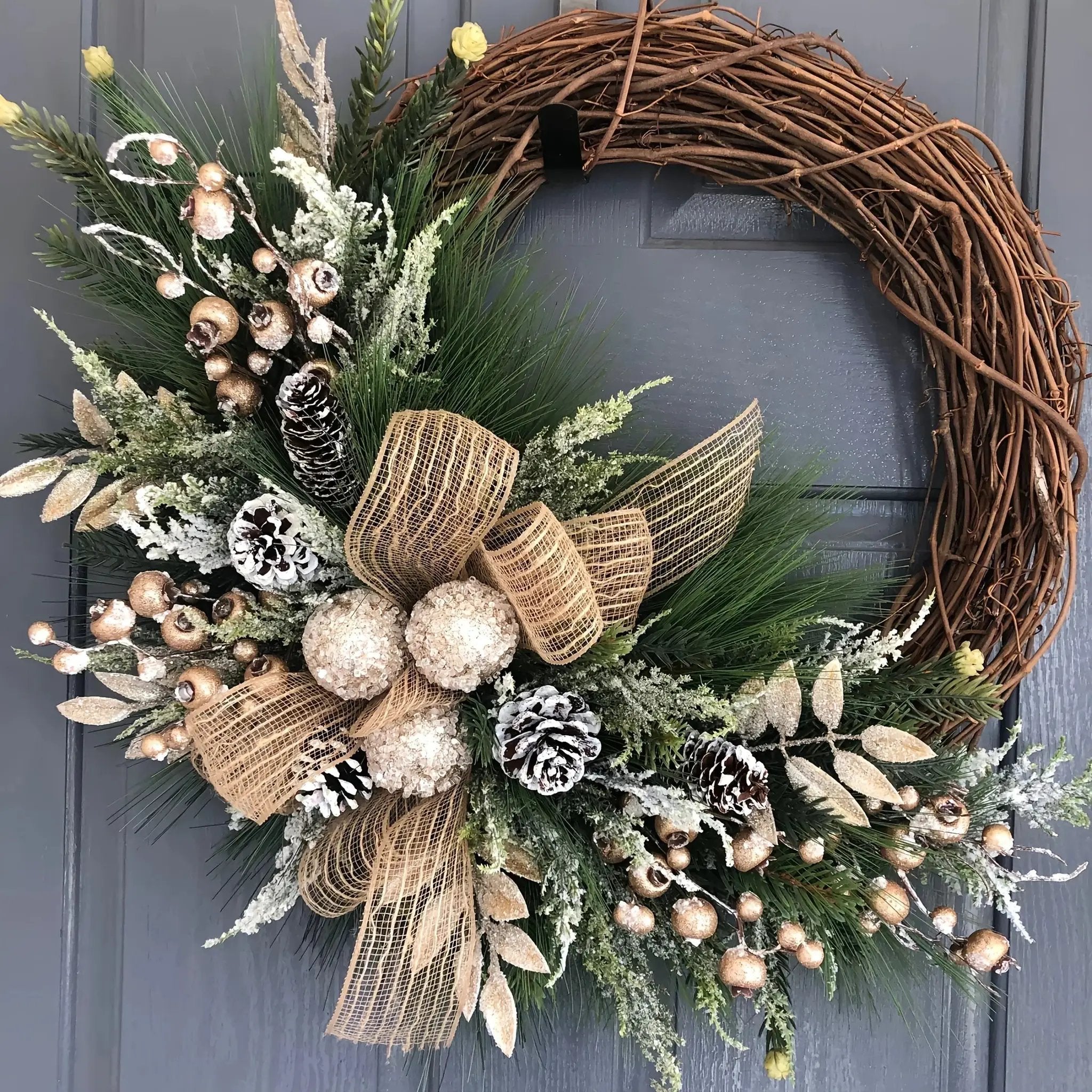 Plastic Christmas Wreath with Golden Accents and Pine Cones by House Of Avana
