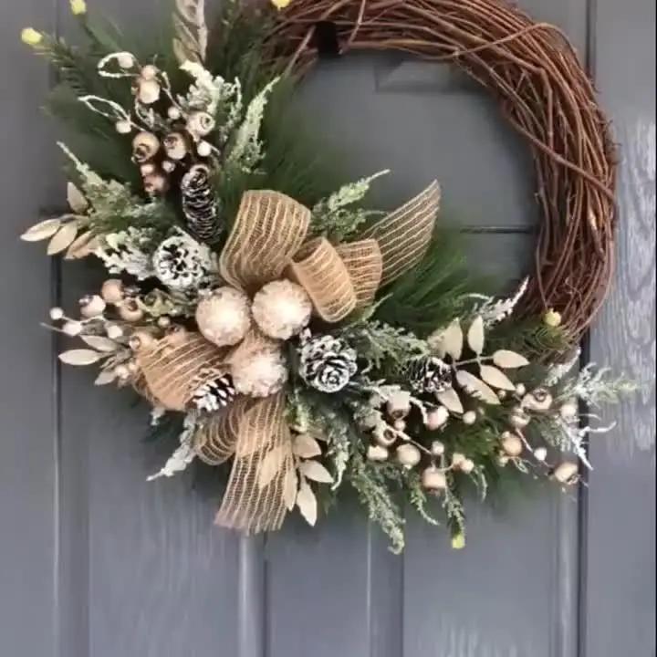 Plastic Christmas Wreath with Golden Accents and Pine Cones by House Of Avana