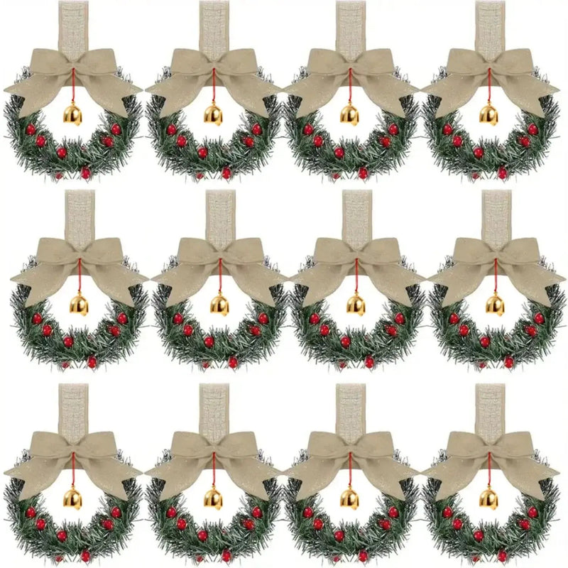 Plastic Christmas Wreath with Red Ribbon Bow & Bells, 12pcs Red Berry & Green Foliage by House Of Avana