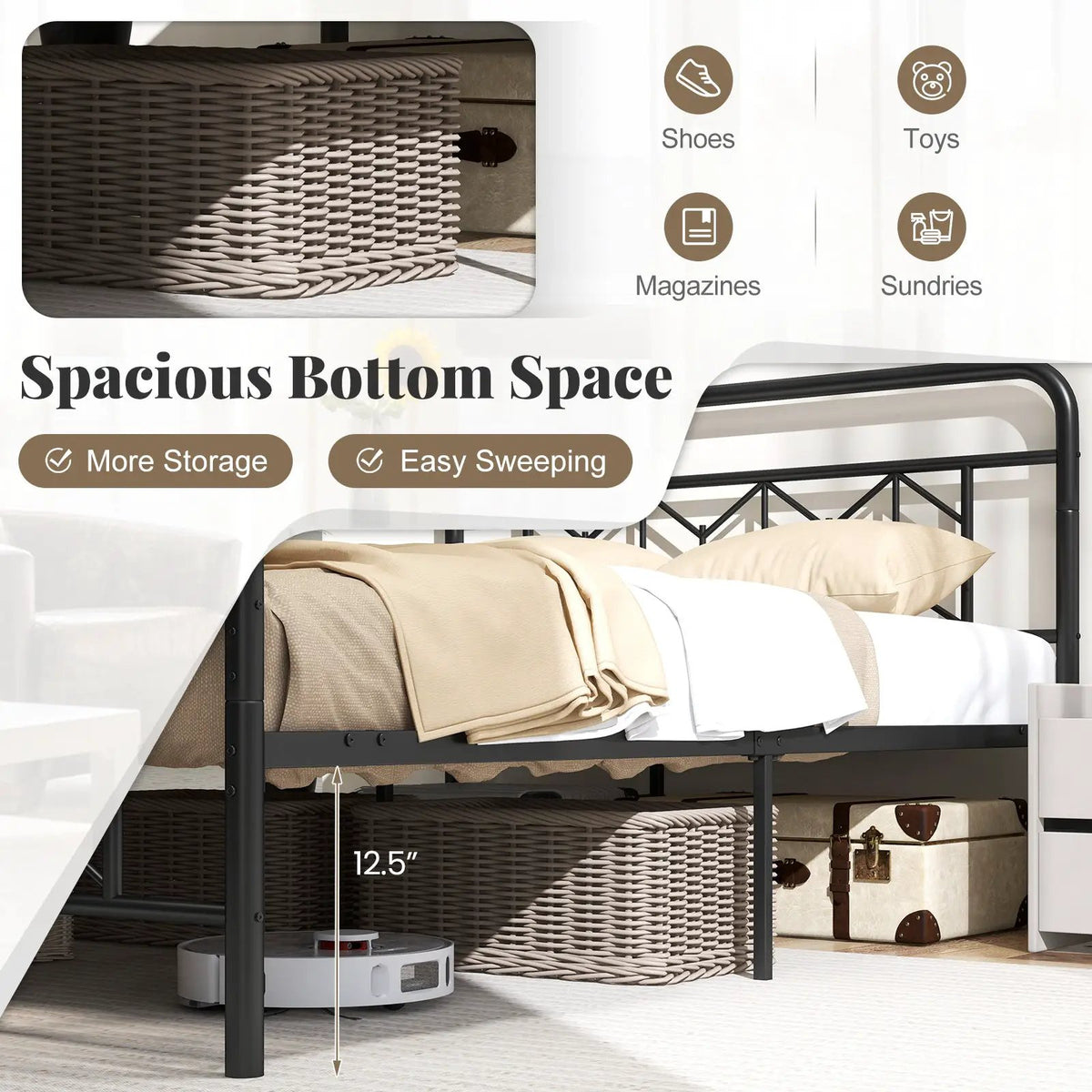 Platform Bed with High Headboard and Snap Lock Metal Slats, photo 7 of 11