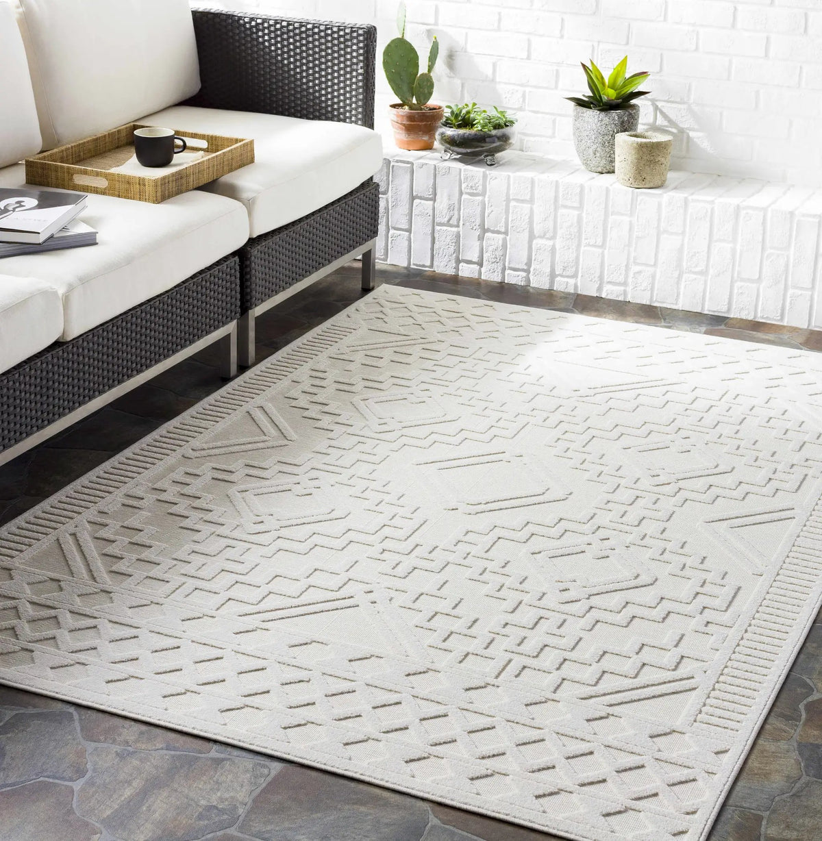 Plumtree 3D White Outdoor Rug, installed in a room