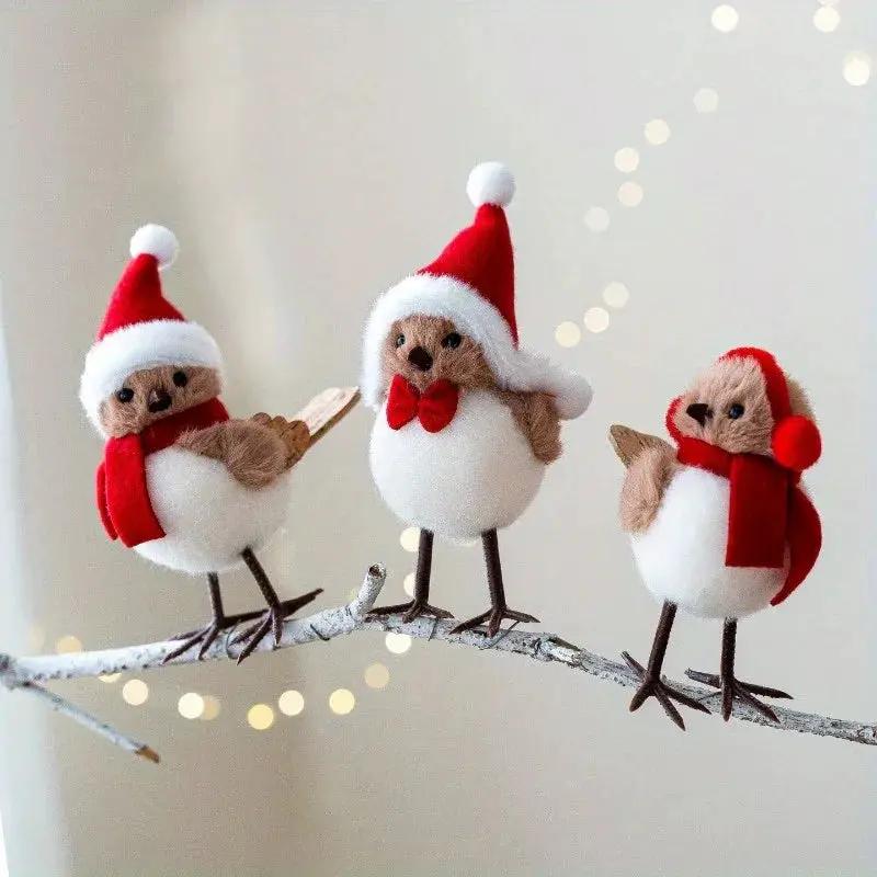 Plush Bird Christmas Ornament with Red Santa Hat & White Plumage by House Of Avana