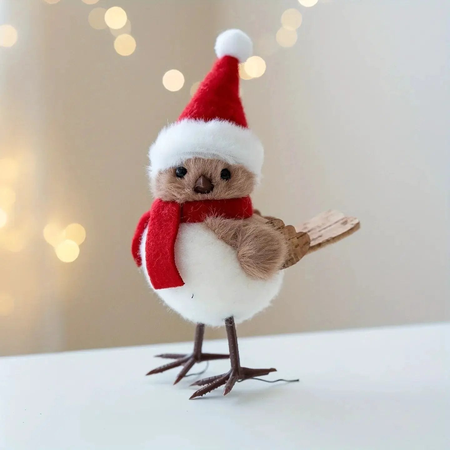 Plush Bird Christmas Ornament with Red Santa Hat & White Plumage by House Of Avana