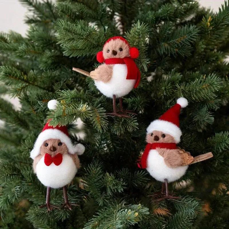 Plush Bird Christmas Ornament with Red Santa Hat & White Plumage by House Of Avana