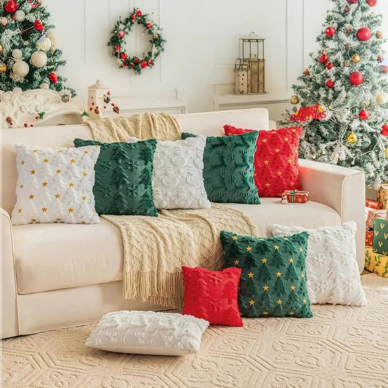 Plush Christmas Pillow Covers 45.72x45.72 cm - Green/Red/Golden Lace-Like Patterns, Zippered by House Of Avana