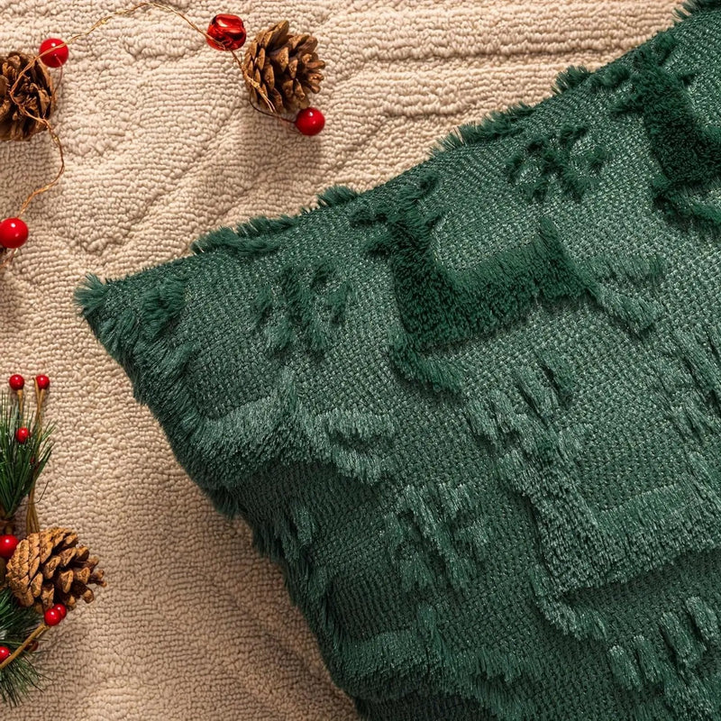 Plush Christmas Pillow Covers 45.72x45.72 cm - Green/Red/Golden Lace-Like Patterns, Zippered by House Of Avana
