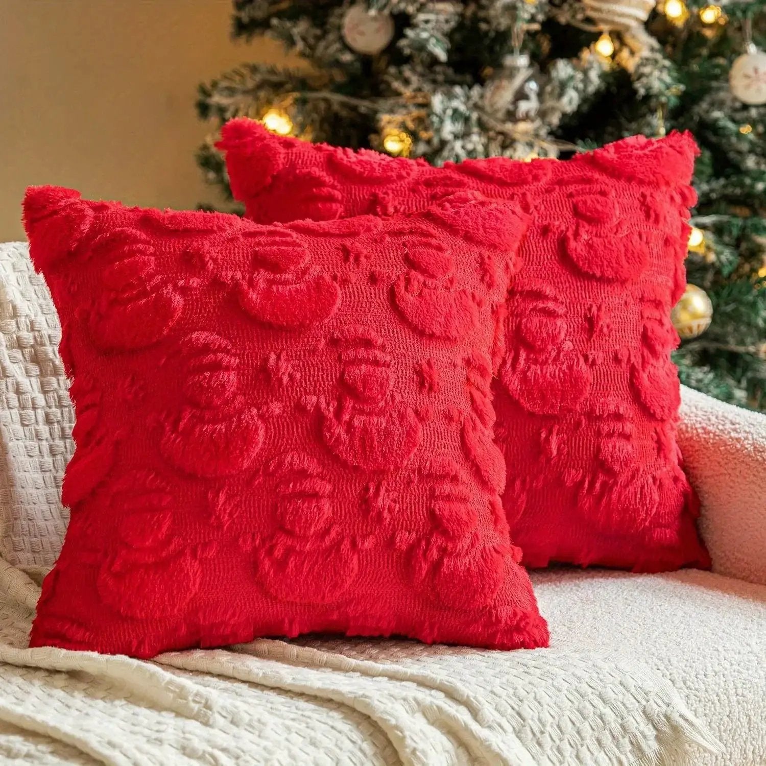 Plush Christmas Pillow Covers 45.72x45.72 cm - Green/Red/Golden Lace-Like Patterns, Zippered by House Of Avana