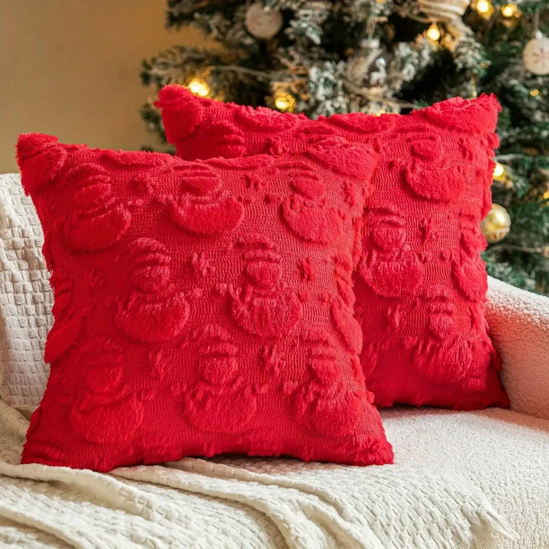 Plush Christmas Pillow Covers 45.72x45.72 cm - Green/Red/Golden Lace-Like Patterns, Zippered by House Of Avana