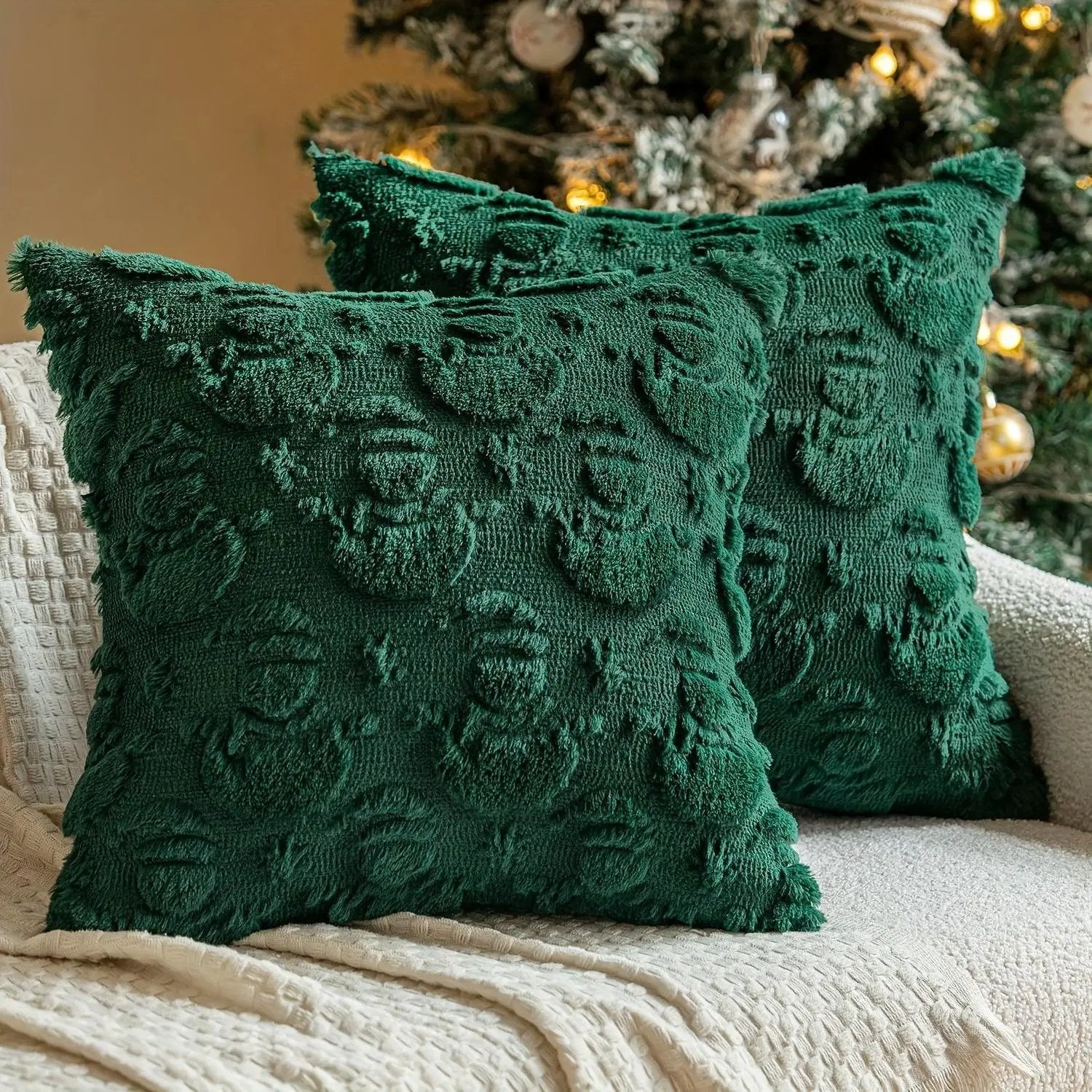 Plush Christmas Pillow Covers 45.72x45.72 cm - Green/Red/Golden Lace-Like Patterns, Zippered by House Of Avana